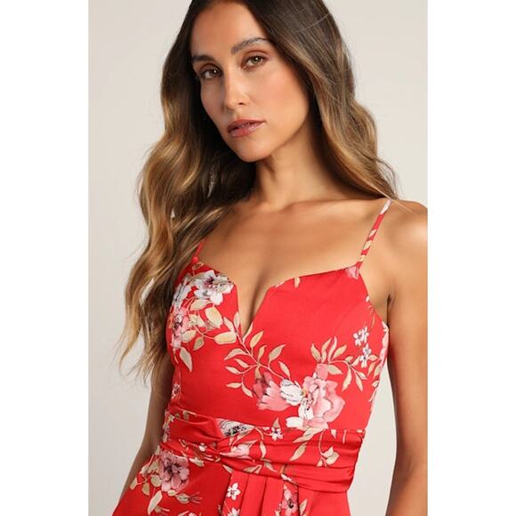 NWT Lulus My Favorite Day Red Floral Print Tulip Skirt Midi Dress Party Size XS - Picture 3 of 7